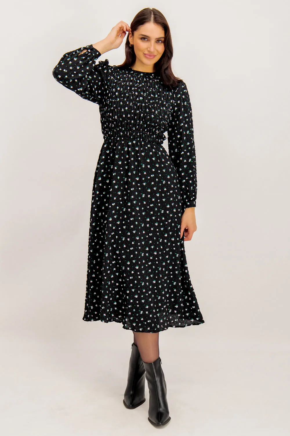 Aimee Black Floral Print Midi Dress Urban Look