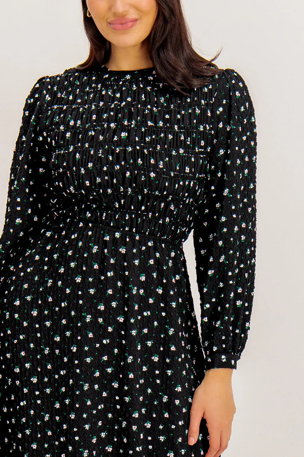 Off-Shoulder Aimee Black Floral Print Midi Dress