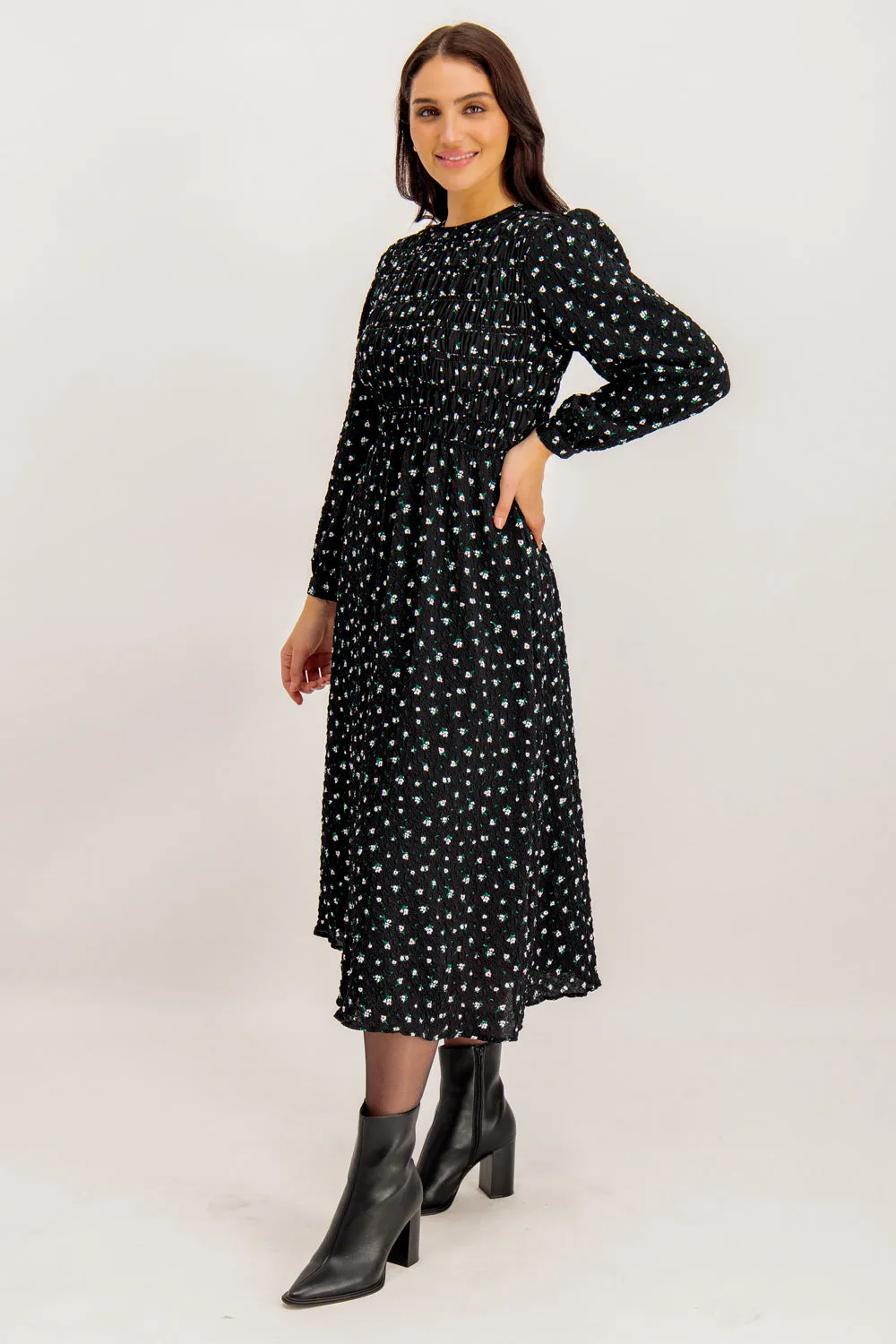 Semi Casual Casual and Comfy Aimee Black Floral Print Midi Dress