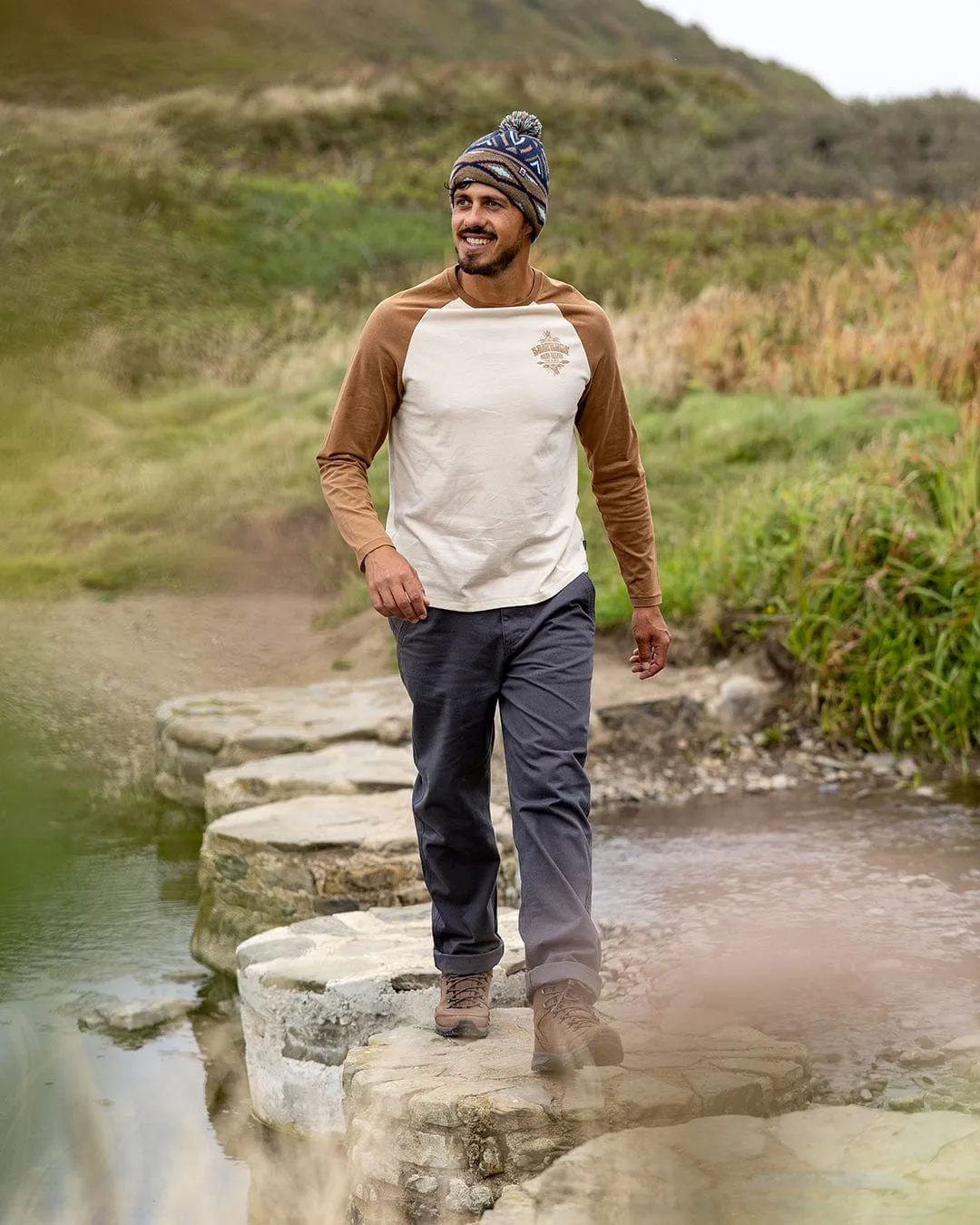 Wave Chaser - Mens Raglan Long Sleeve T-Shirt - Brown/Cream Active Lifestyle