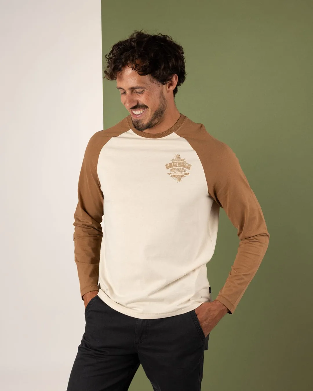 Wave Chaser - Mens Raglan Long Sleeve T-Shirt - Brown/Cream All-Purpose Wear NonRestrictiveCut