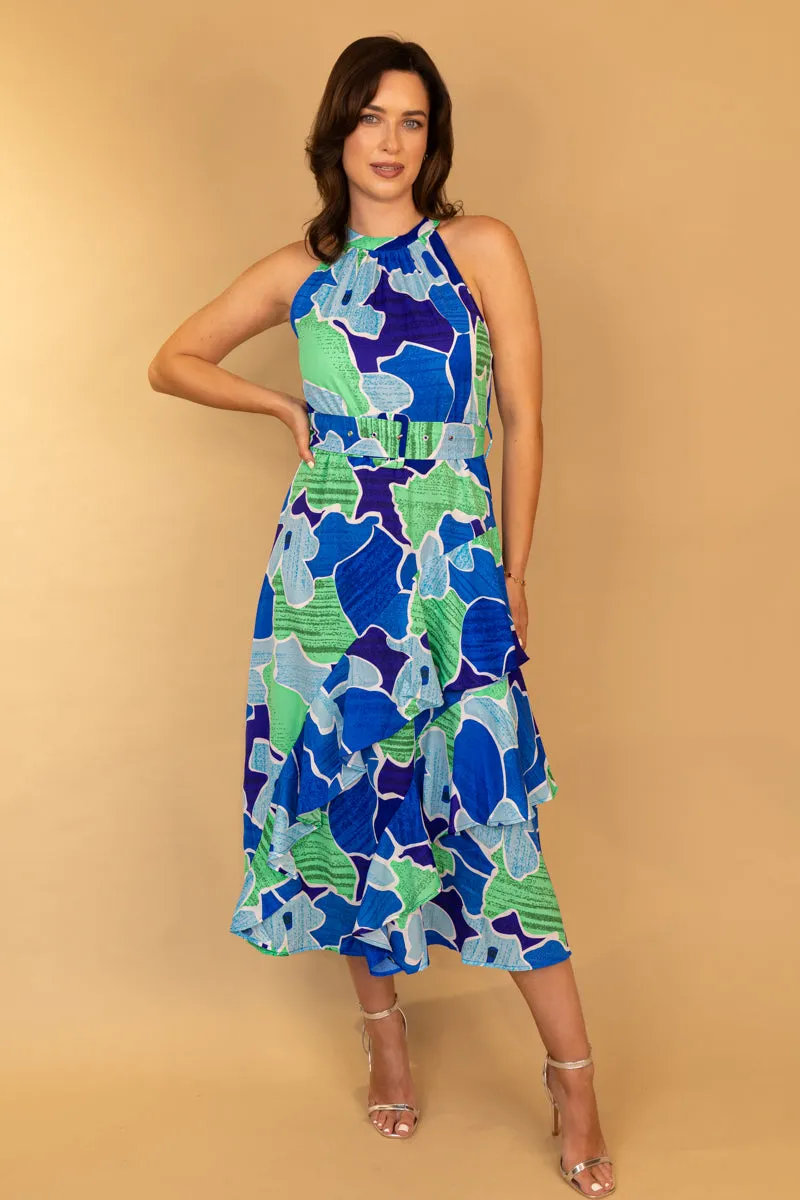 Elaine Blue & Green Belted Halterneck Dress Square-Neck Pure Tone