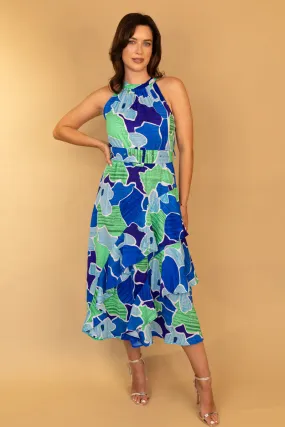 Trend-Inspired Elaine Blue & Green Belted Halterneck Dress