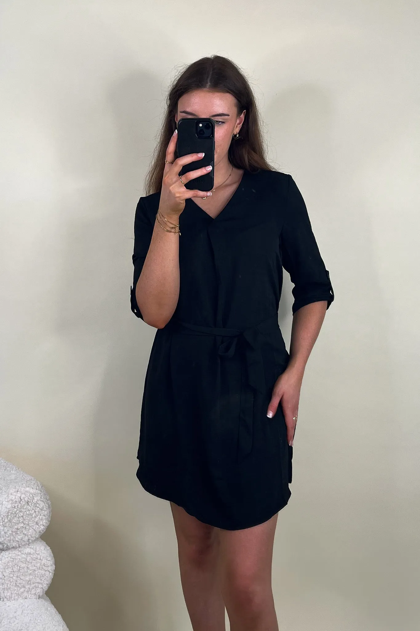 Divya Black V-Neck Black Mini Dress Sheer Overlay