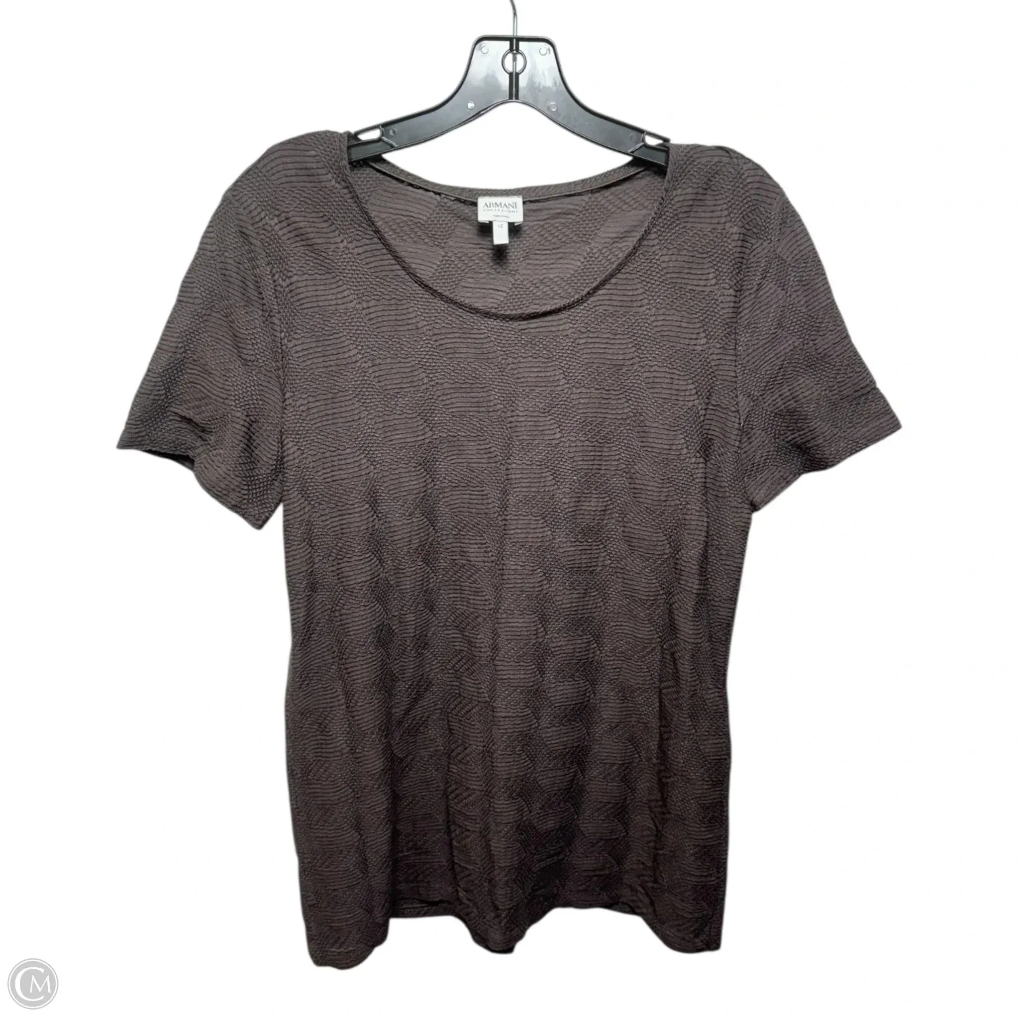 Garment Dyed Technique Layered Hem Detail Textured Top Short Sleeve Designer By Armani In Brown, Size: 12