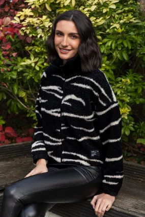 Eline Black & White Print Teddy Zip Fleece Anytime Outer Fit Light Day Jacket