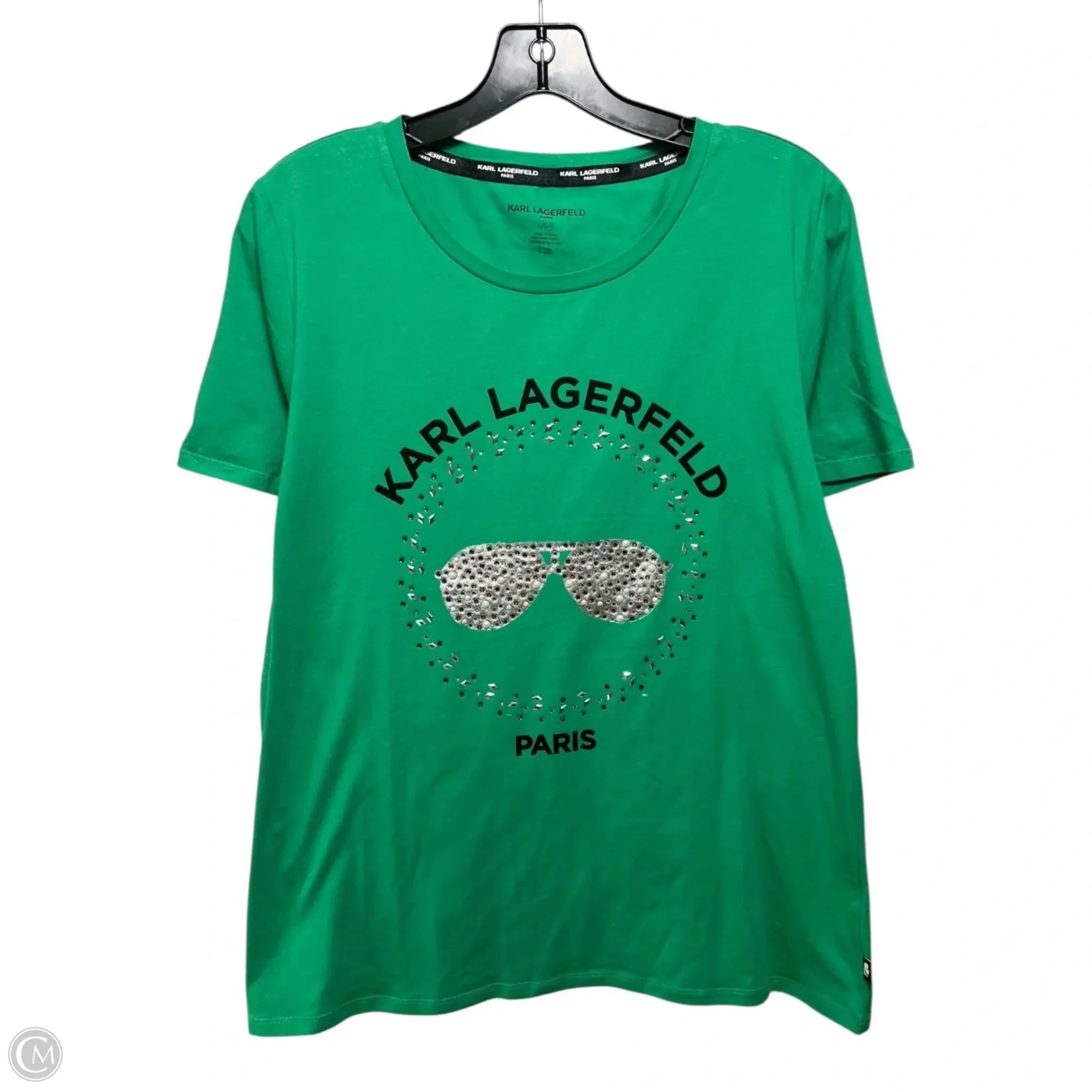 Sleek Layer Embellished Top Short Sleeve Designer By Karl Lagerfeld In Green, Size: L
