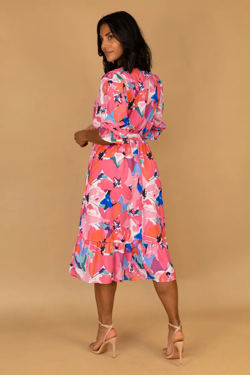 Fresh Energy Soft Flow Emilia Pink Multi Floral Print Midi Dress