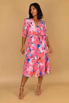 Emilia Pink Multi Floral Print Midi Dress Chic Balance Fold-Over-Detail