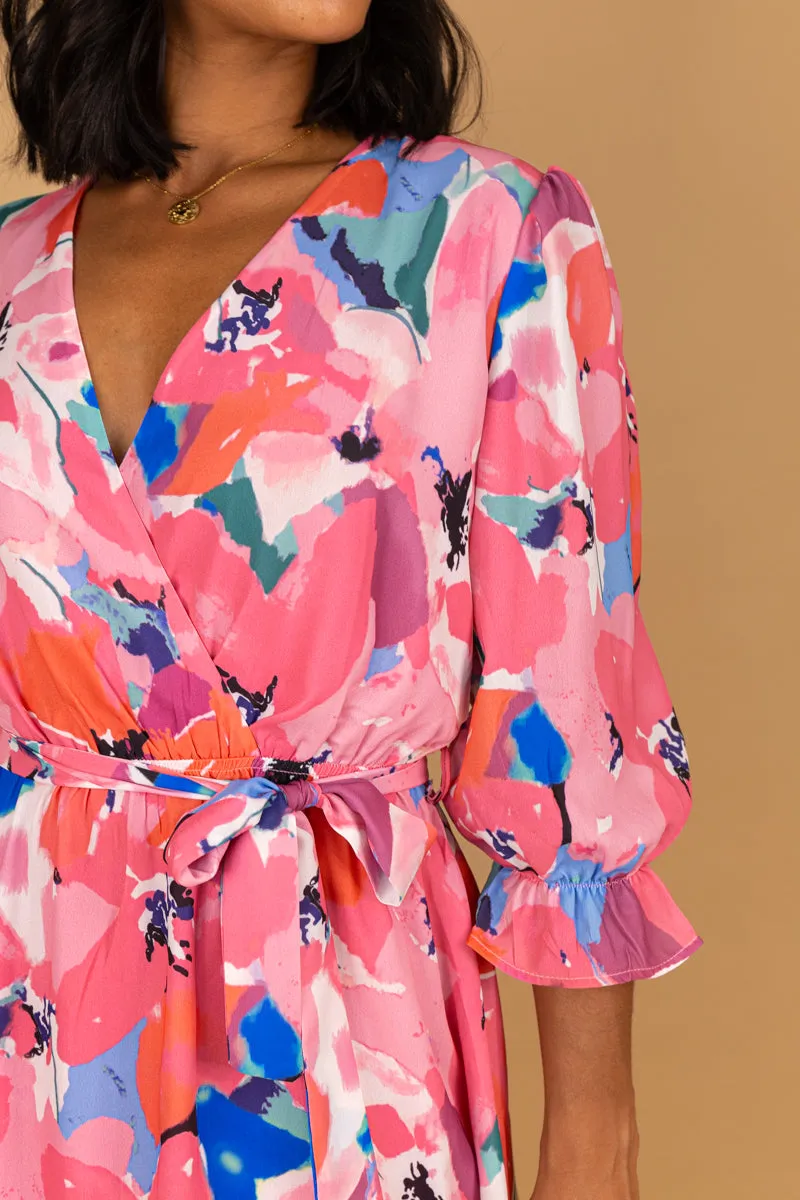 Artisanal-Detail Smart touch Emilia Pink Multi Floral Print Midi Dress