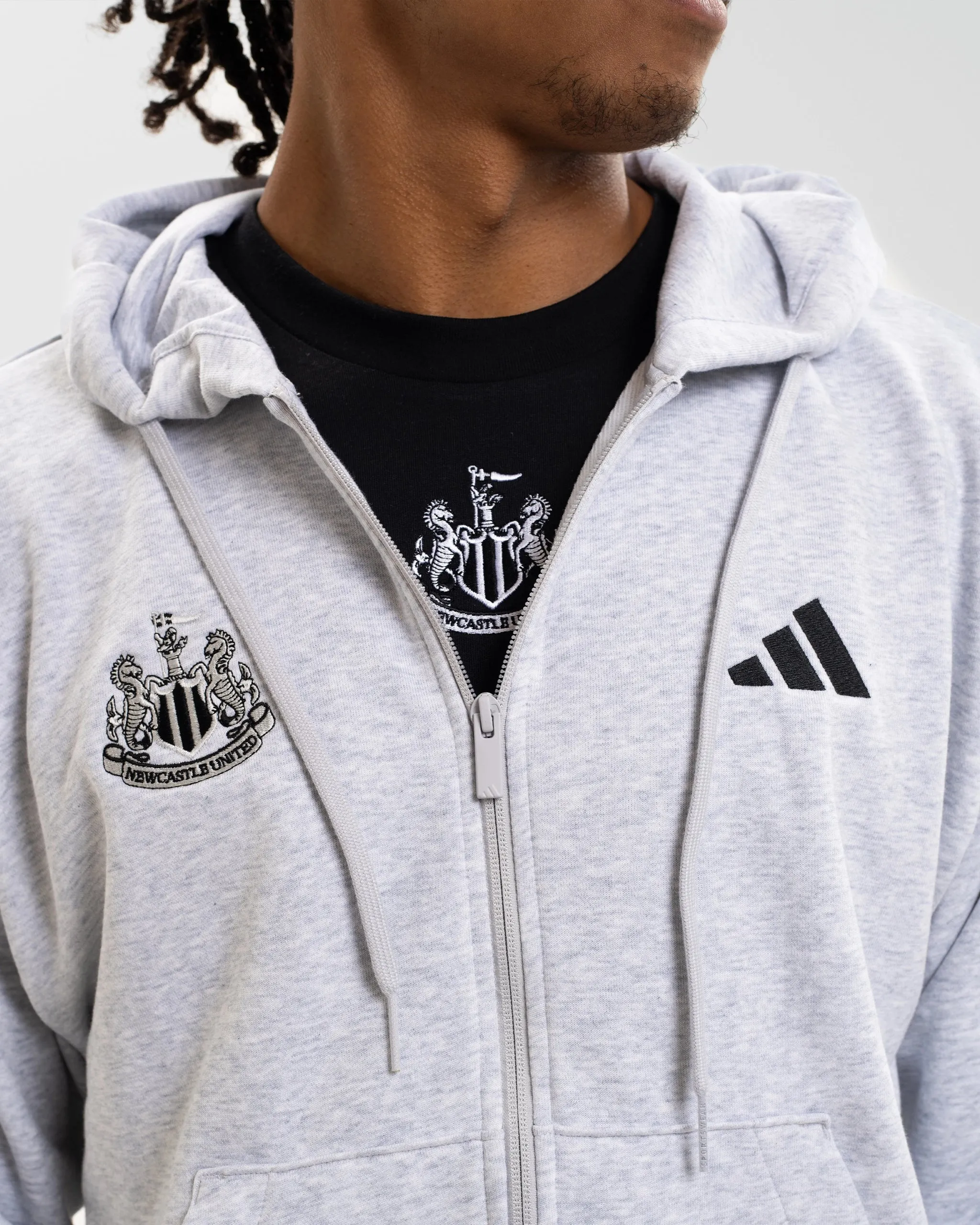 Newcastle United adidas Men's 3-Stripe Light Grey Full Zip Hoodie Snuggle Look