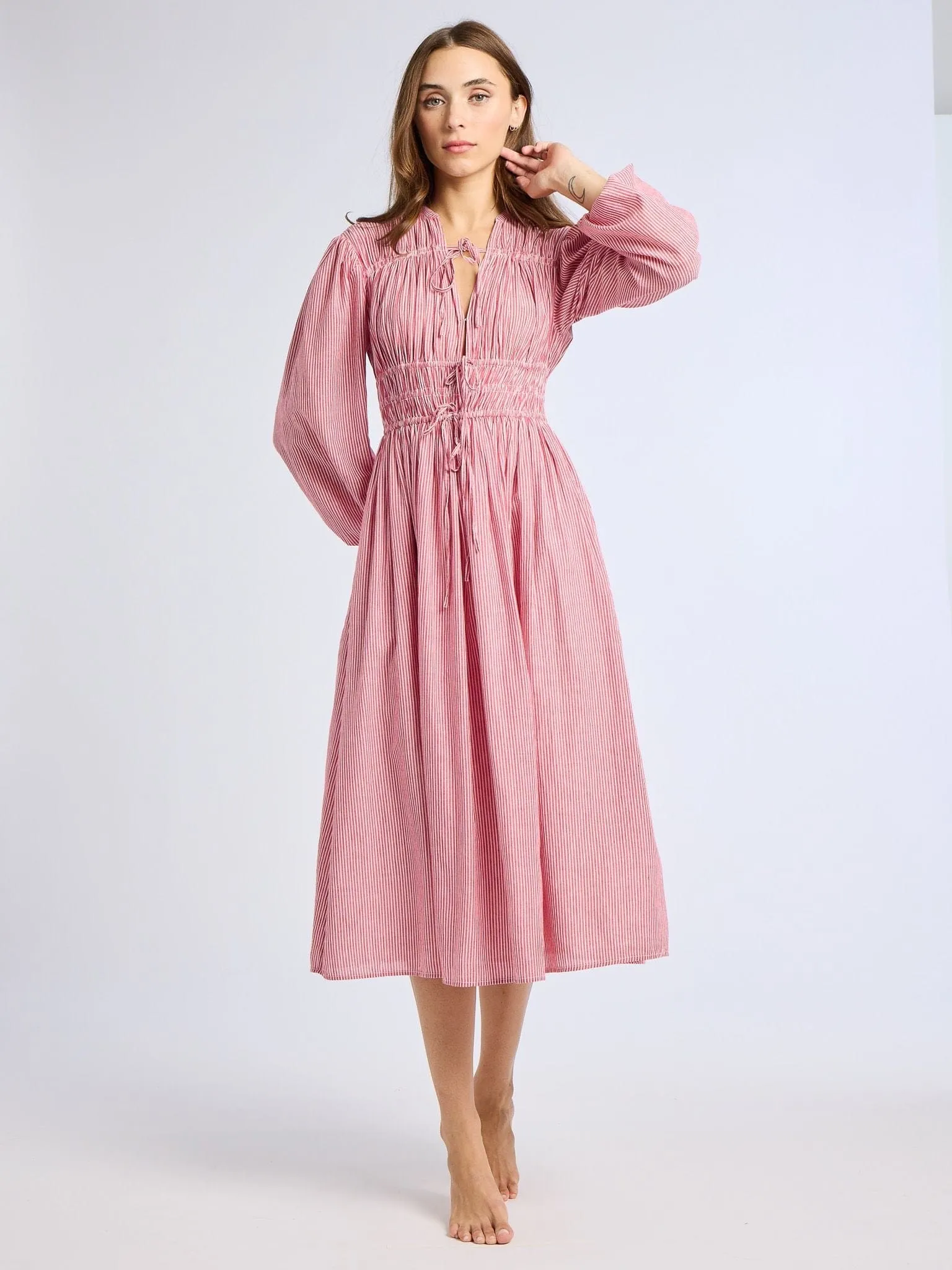 Nora Dress in Tango Stripe Raw-Hem Airy Weave