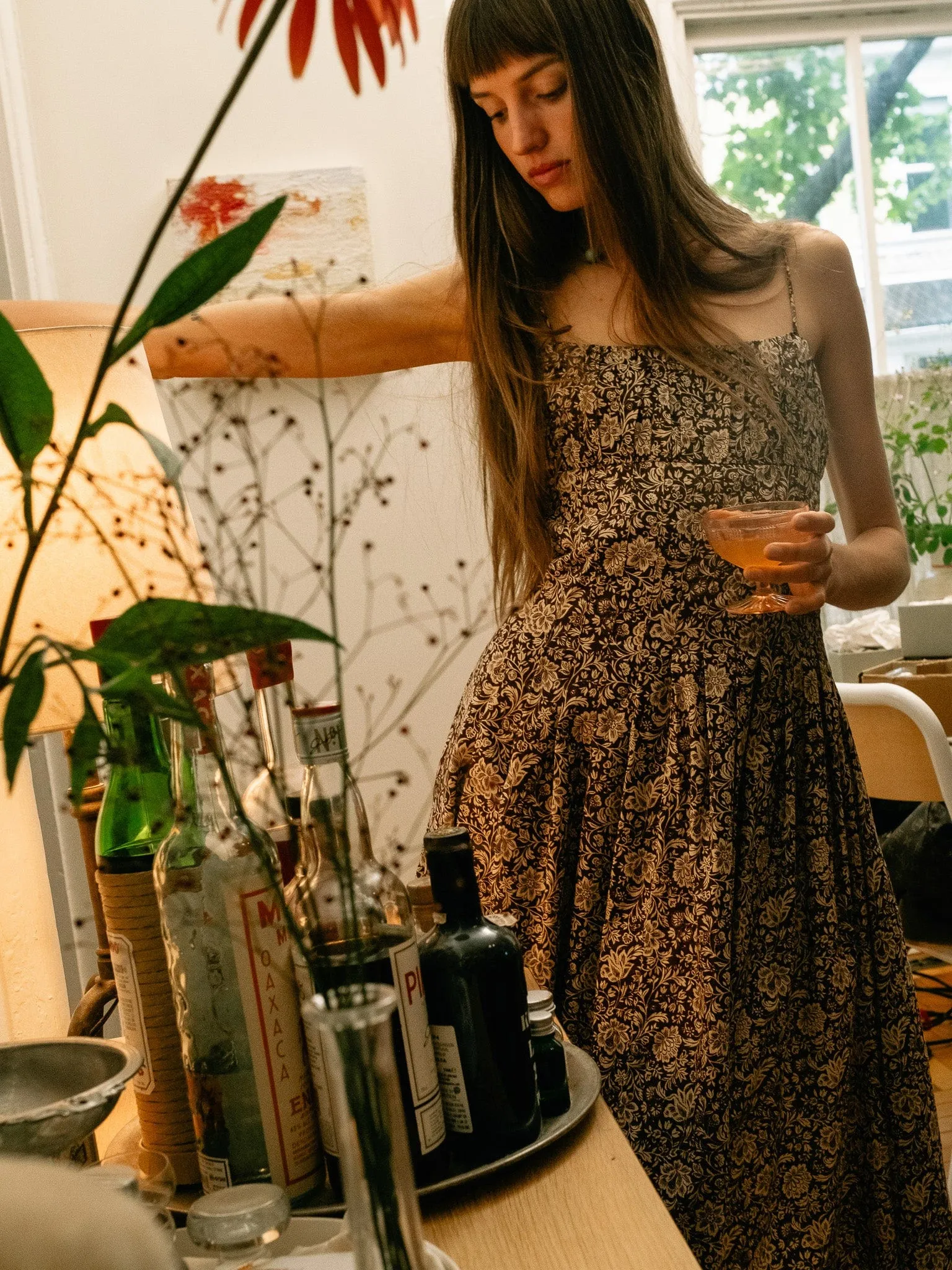 Tully Dress in Cocoa Floral Sequin-Detail Polished Details