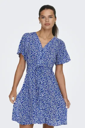 Evida Blue Floral Print Mini Dress Chain-Detail Ruched-Detail