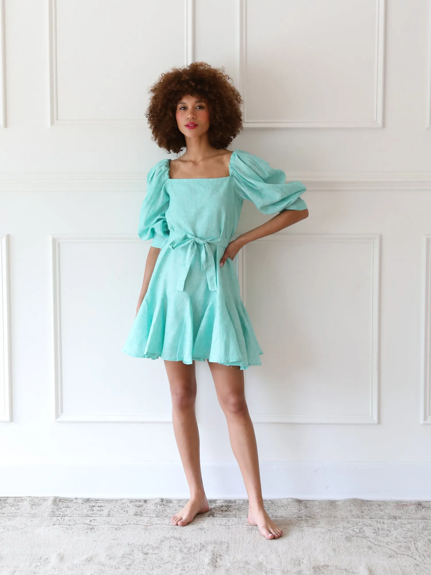 Anais Dress in Green Stripe Modern Silhouette Belt Waist