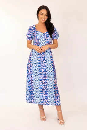Aztec Blue & Pink Print Sweetheart Dress Soft Draping Flattering and Effortless