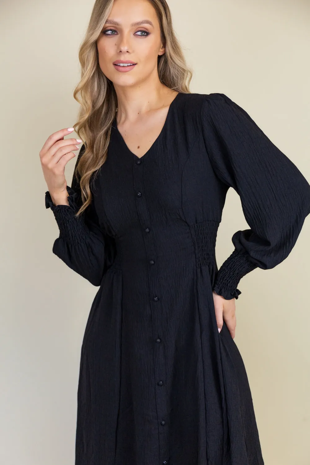 Maddie Black Button V-Neck Midi Dress AdjustableStraps Regular-fit
