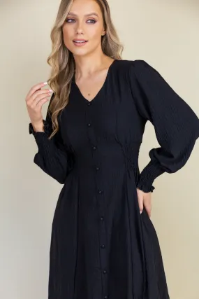 Maddie Black Button V-Neck Midi Dress Self Power