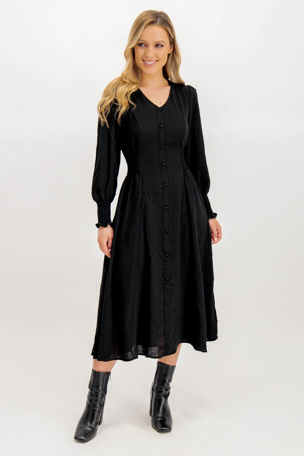 Lounge Style Weekend Chic Maddie Black Button V-Neck Midi Dress