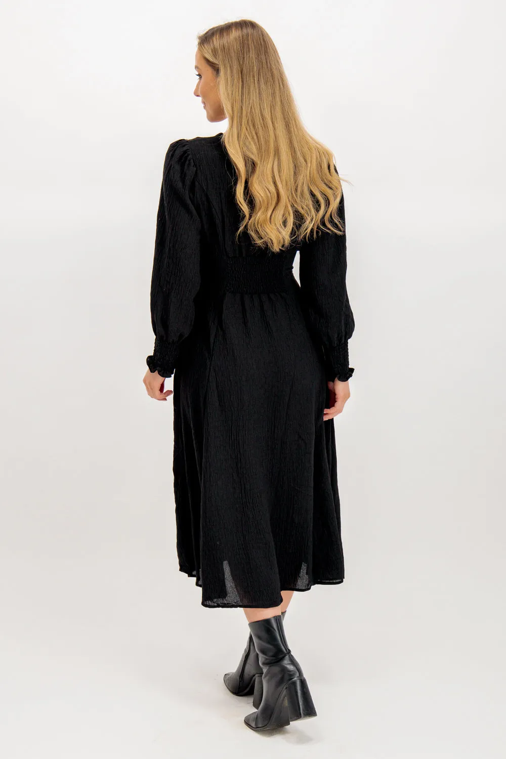 Maddie Black Button V-Neck Midi Dress All-season garment