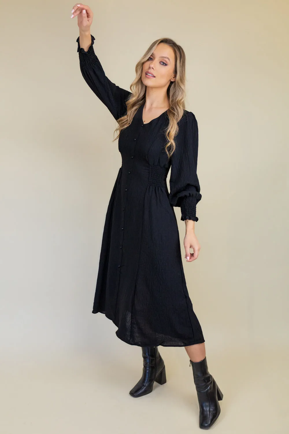 Maddie Black Button V-Neck Midi Dress Lightweight Comfort Romantic dinner wear