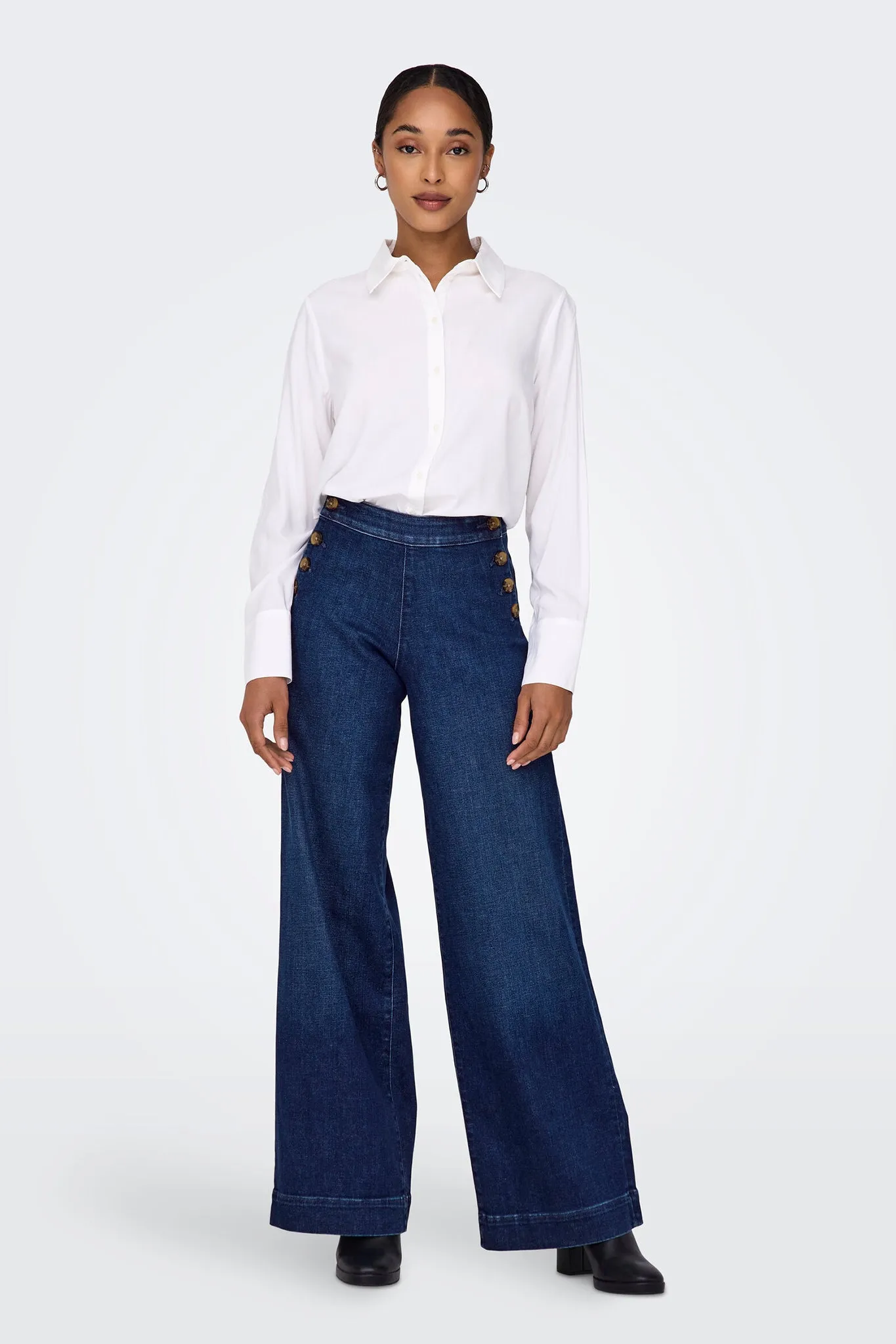 Madison High Waisted Wide Leg Button Jean Athletic Flex Wear Urban Ready