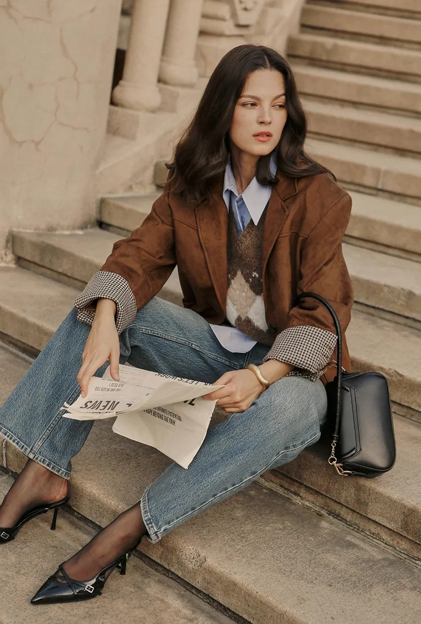 Dominique Oversized Suede Blazer - Caramel Knee Length