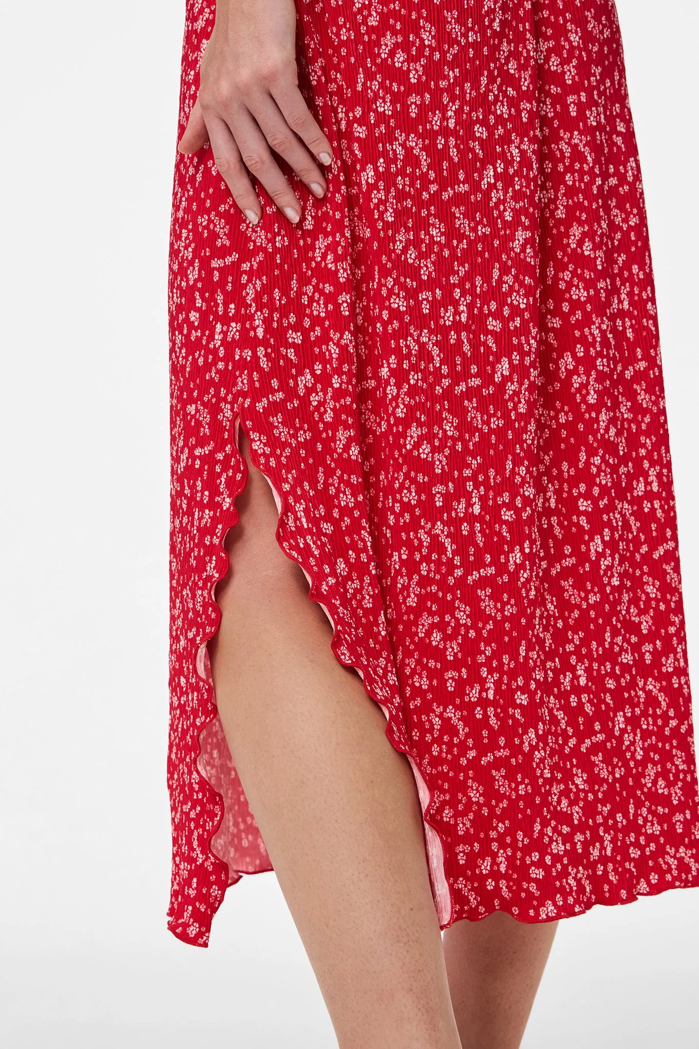 Flora High Waisted Lollipop Red Midi Skirt Elasticized Cuff Sturdy Waistband