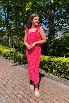 Flora Red Floral Plisse Midi Dress Neutral Feel