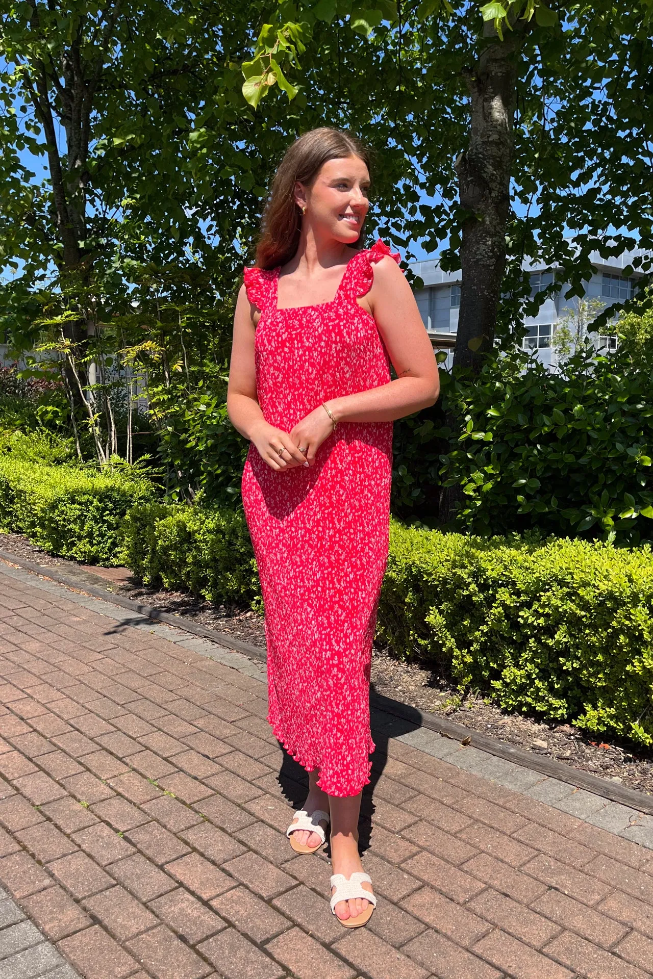 Flora Red Floral Plisse Midi Dress Neutral Feel