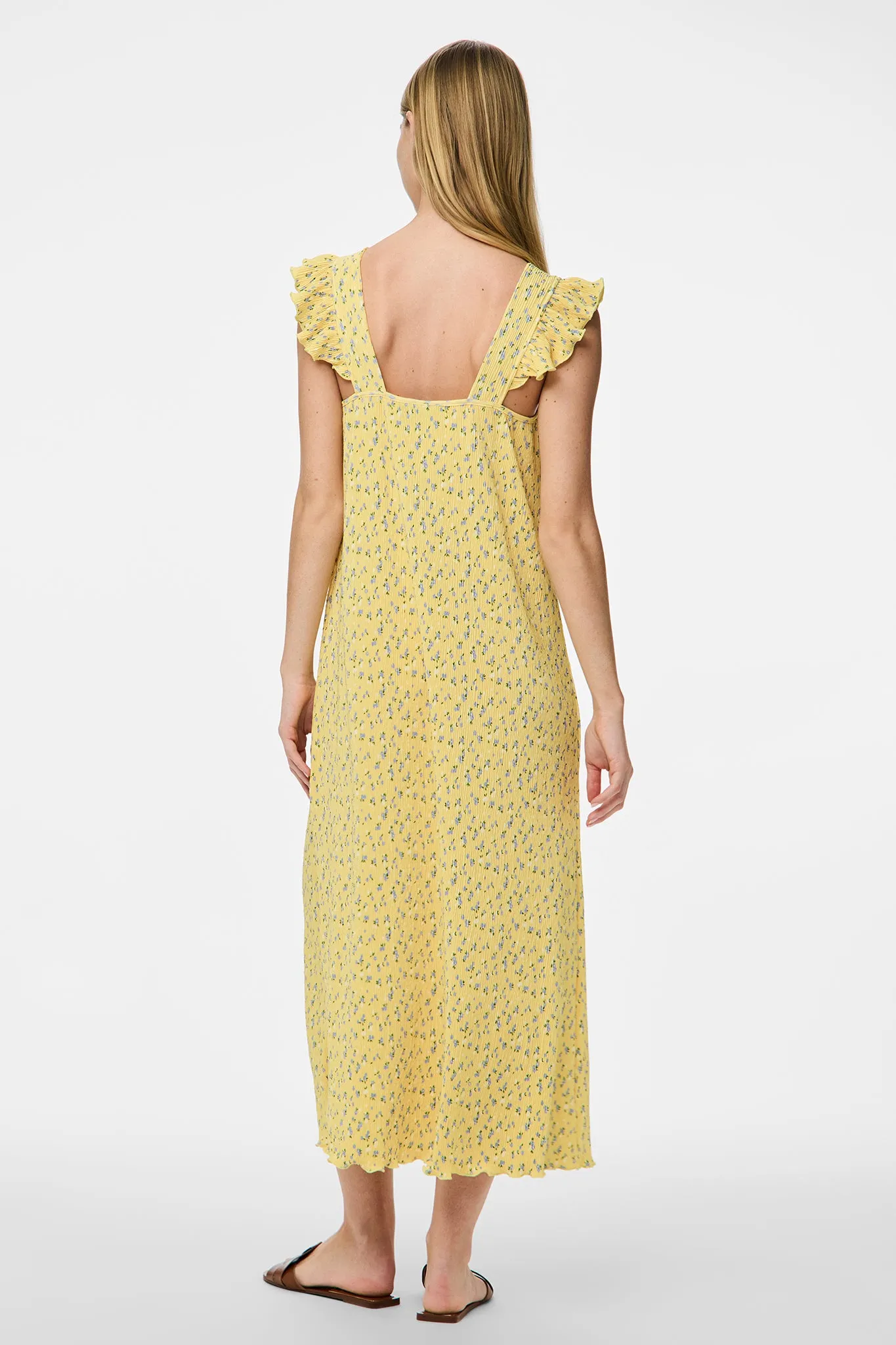Layer Ready Flora Yellow Floral Plisse Midi Dress