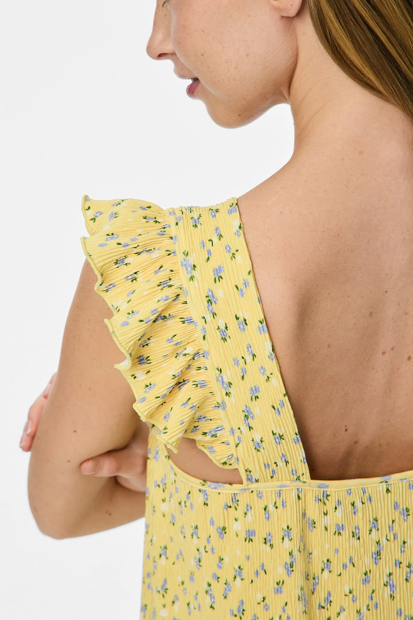 Flora Yellow Floral Plisse Midi Dress Basic Cool