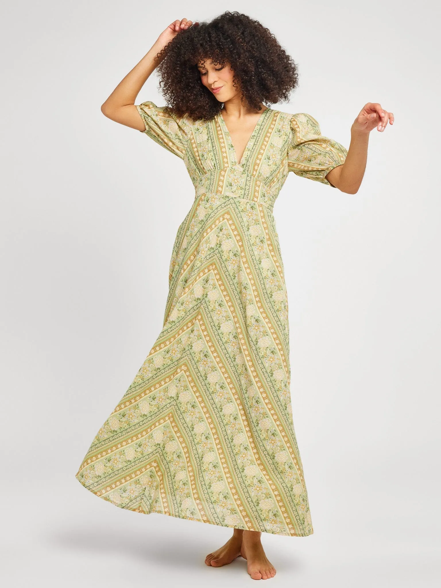 Florencia Dress in Cotswold Stripe Joy Glow Asymmetrical hem