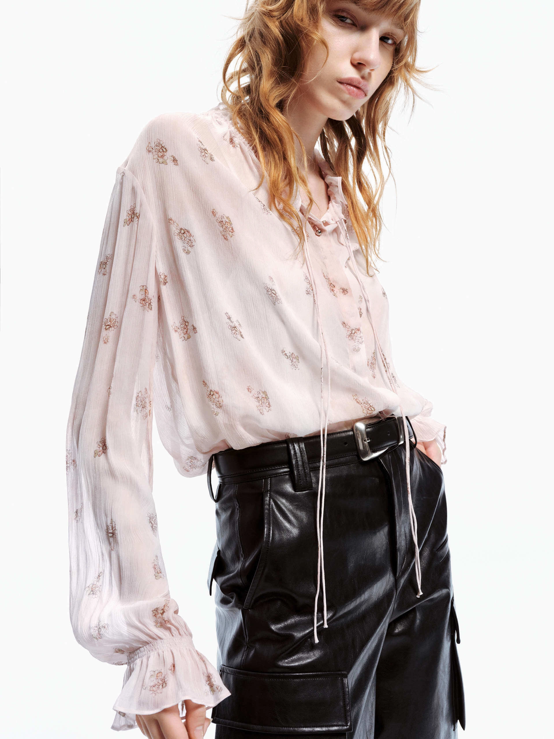 Ruffle Tie Detail Shirt Non Constricting Waistband