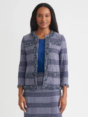 Adjustable Hem Cords Stretchable Material Heritage Plaid Fringe Trim Knit Jacket - True Fit