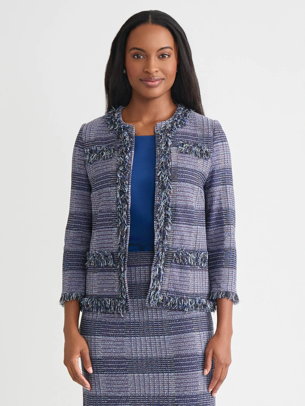 Outdoor Trip Heritage Plaid Fringe Trim Knit Jacket - True Fit