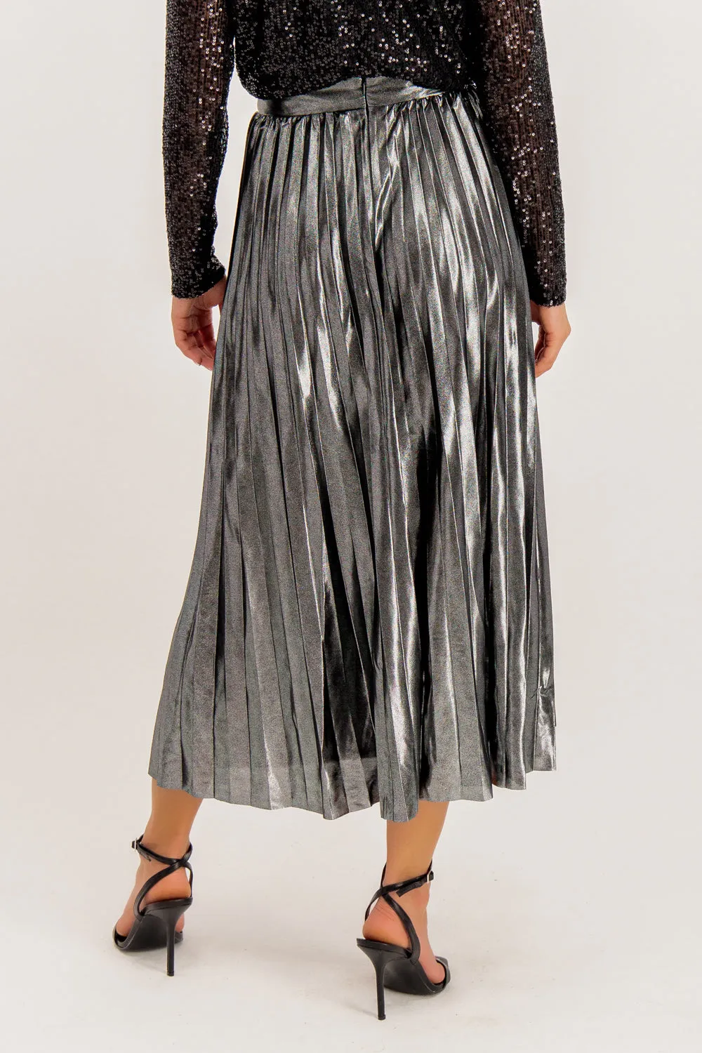 Hailey Pleated Pewter Metallic Skirt High low hem