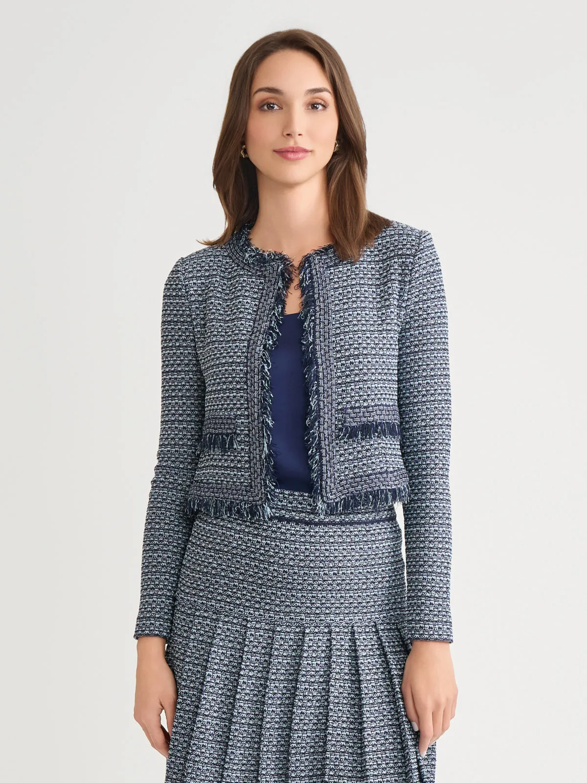 Heritage Fringe Trim Tweed Knit Cropped Jacket - True Fit Versatile Daily Layer Dynamic flex
