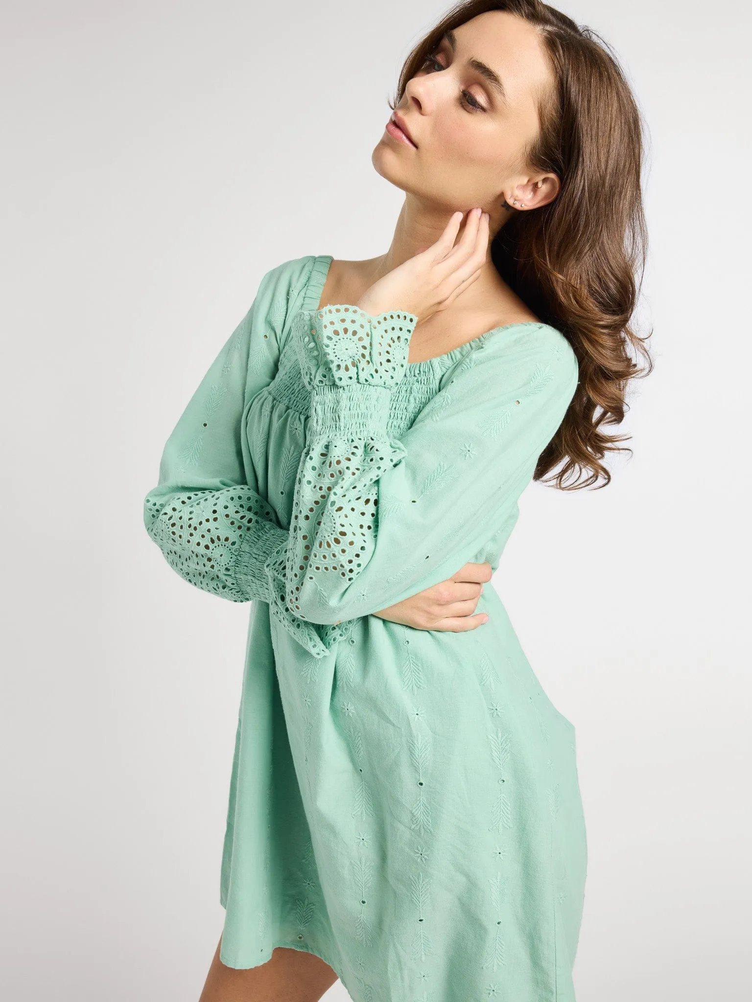Chill Comfort Minimalist-Style Gabriette Dress in Pistachio Eyelet