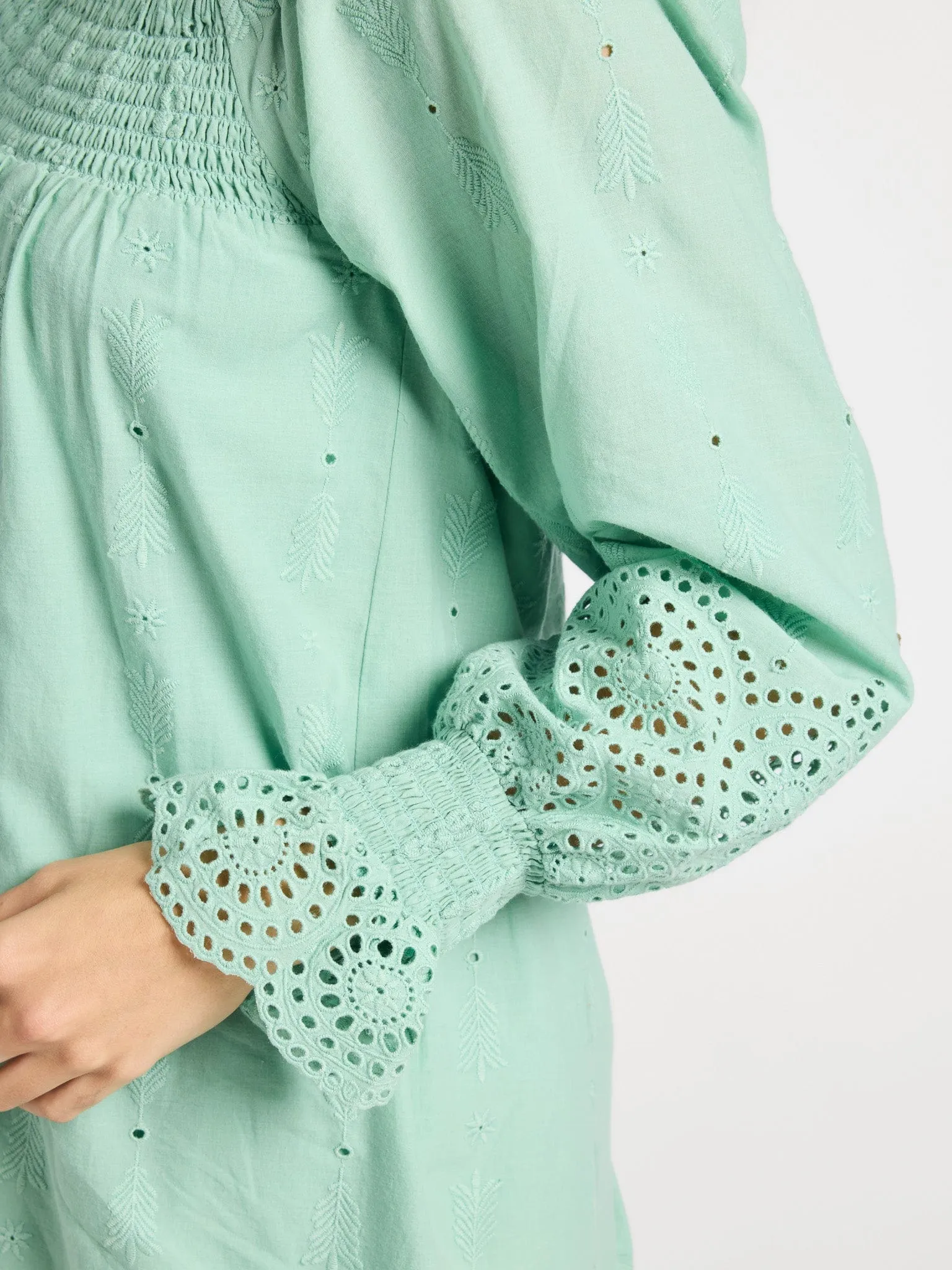 Mood Booster Dainty Finish Gabriette Dress in Pistachio Eyelet