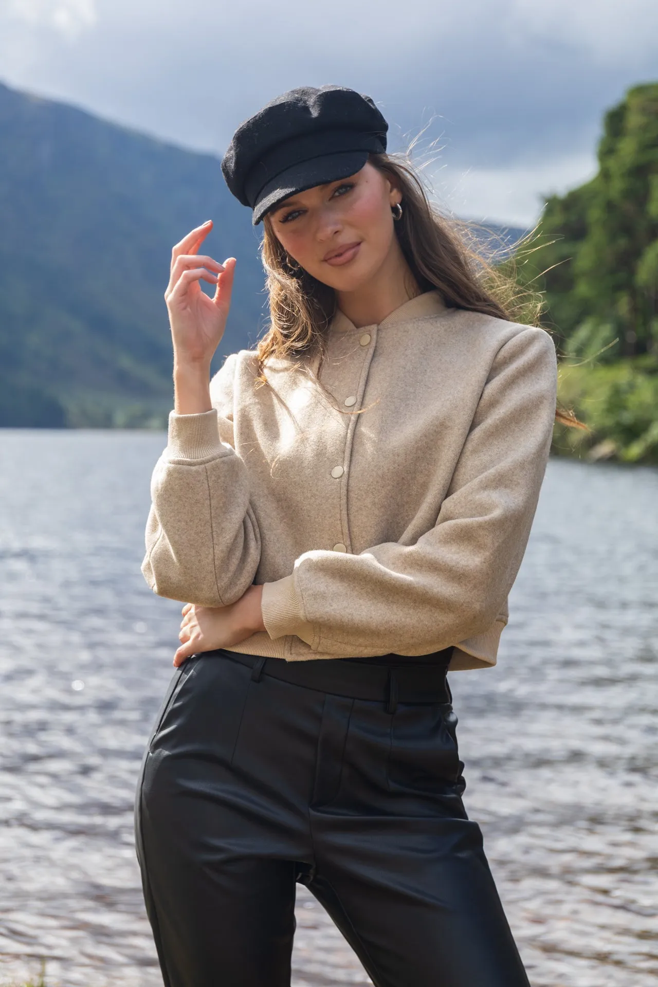 Abigail Beige Cropped Bomber WindproofTechnology Stretchable Waistband