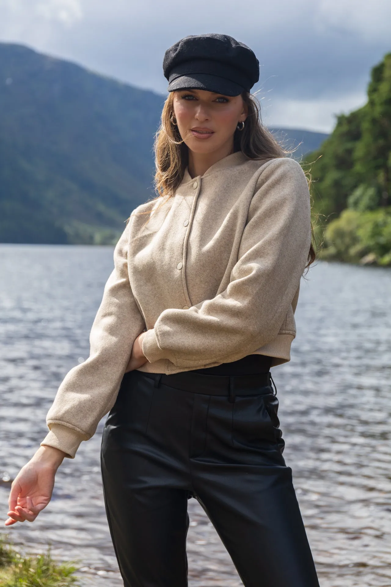 Abigail Beige Cropped Bomber Heat Retention