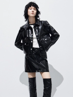 Faux Leather Glossy Jacket Non Irritating Seams Compression Fit