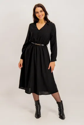 Gwen Black Belted Midi Dress Chic casual