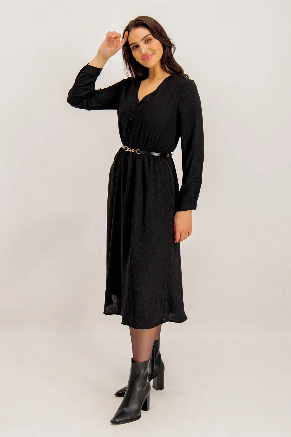 Flow Ready Cozy Silhouette Gwen Black Belted Midi Dress
