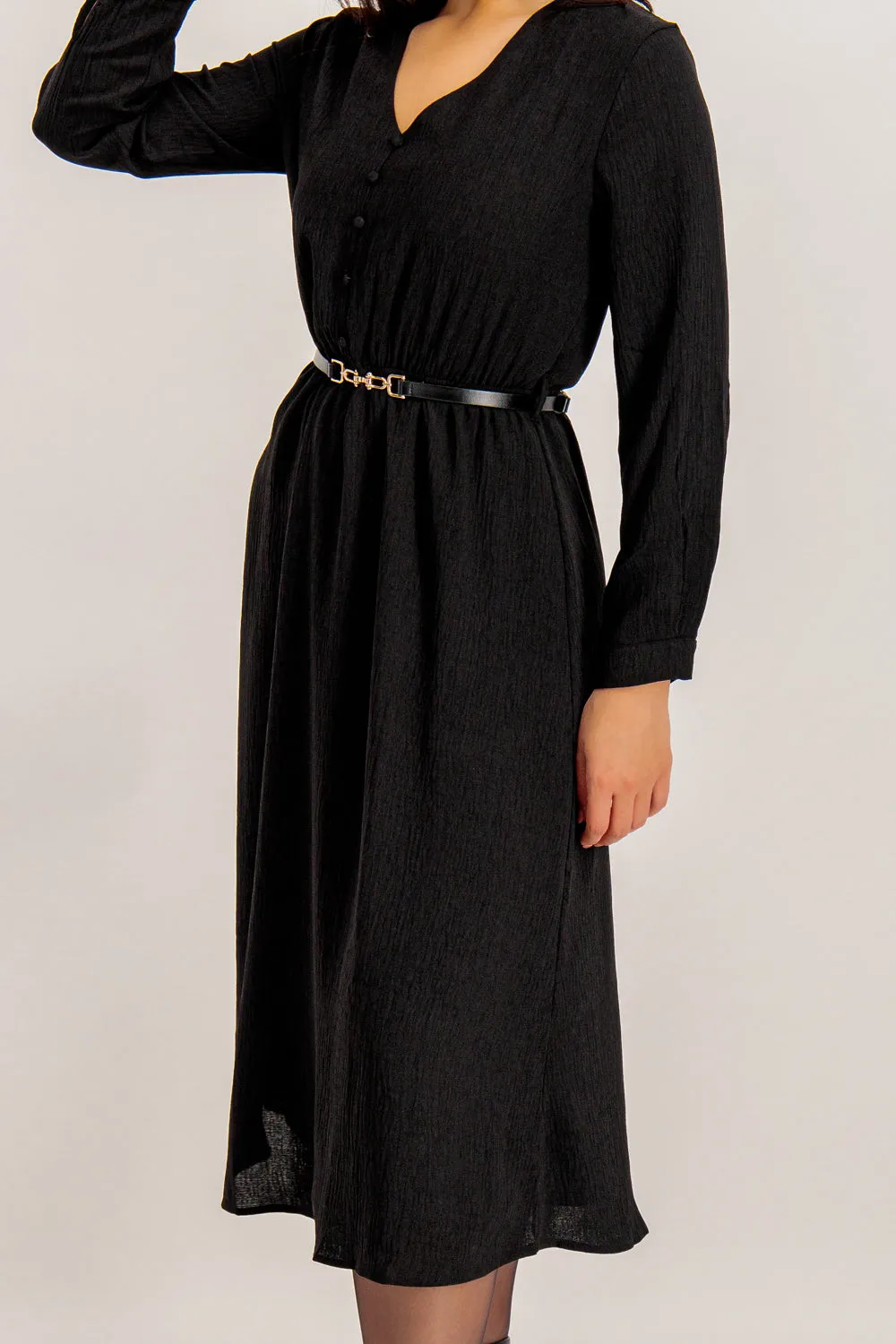 Gwen Black Belted Midi Dress Chic Ensemble Sharp Mood