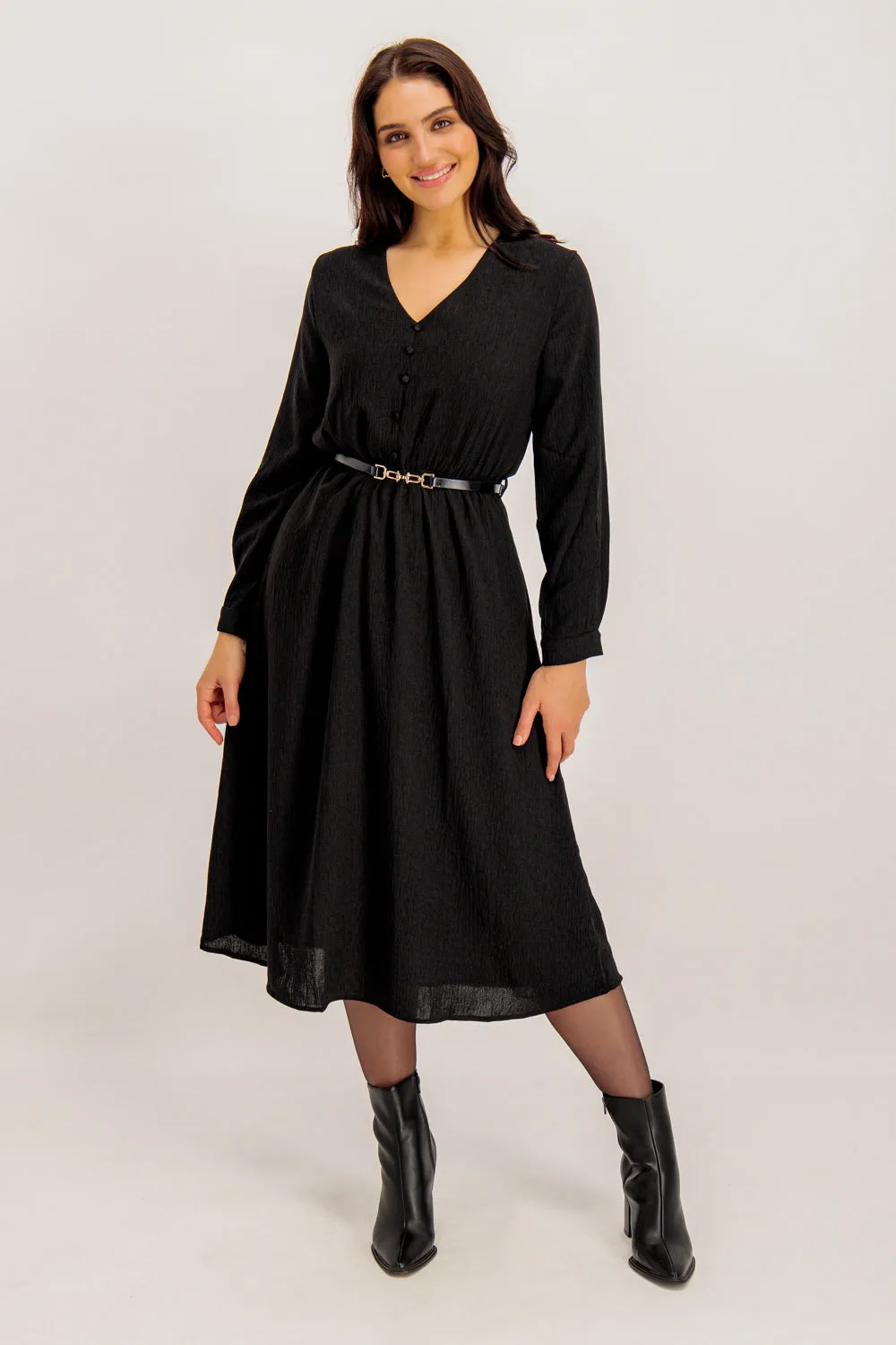 Gwen Black Belted Midi Dress Chic casual