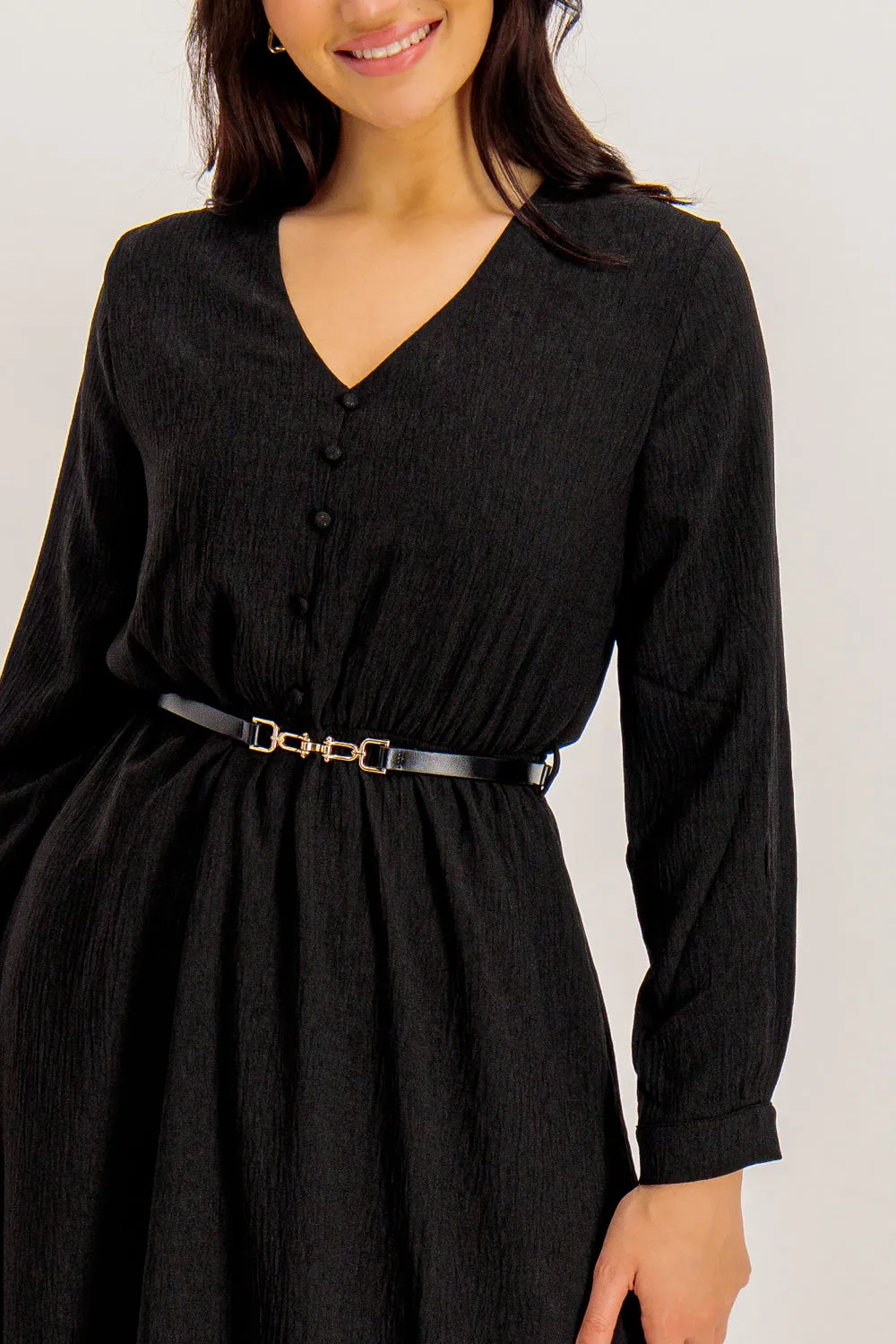 Chic Motion Gwen Black Belted Midi Dress