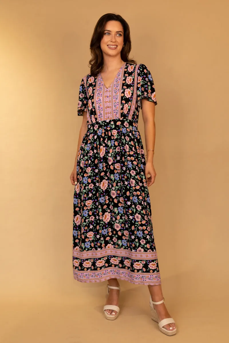 Hannah Black Print Maxi Dress Work Chic