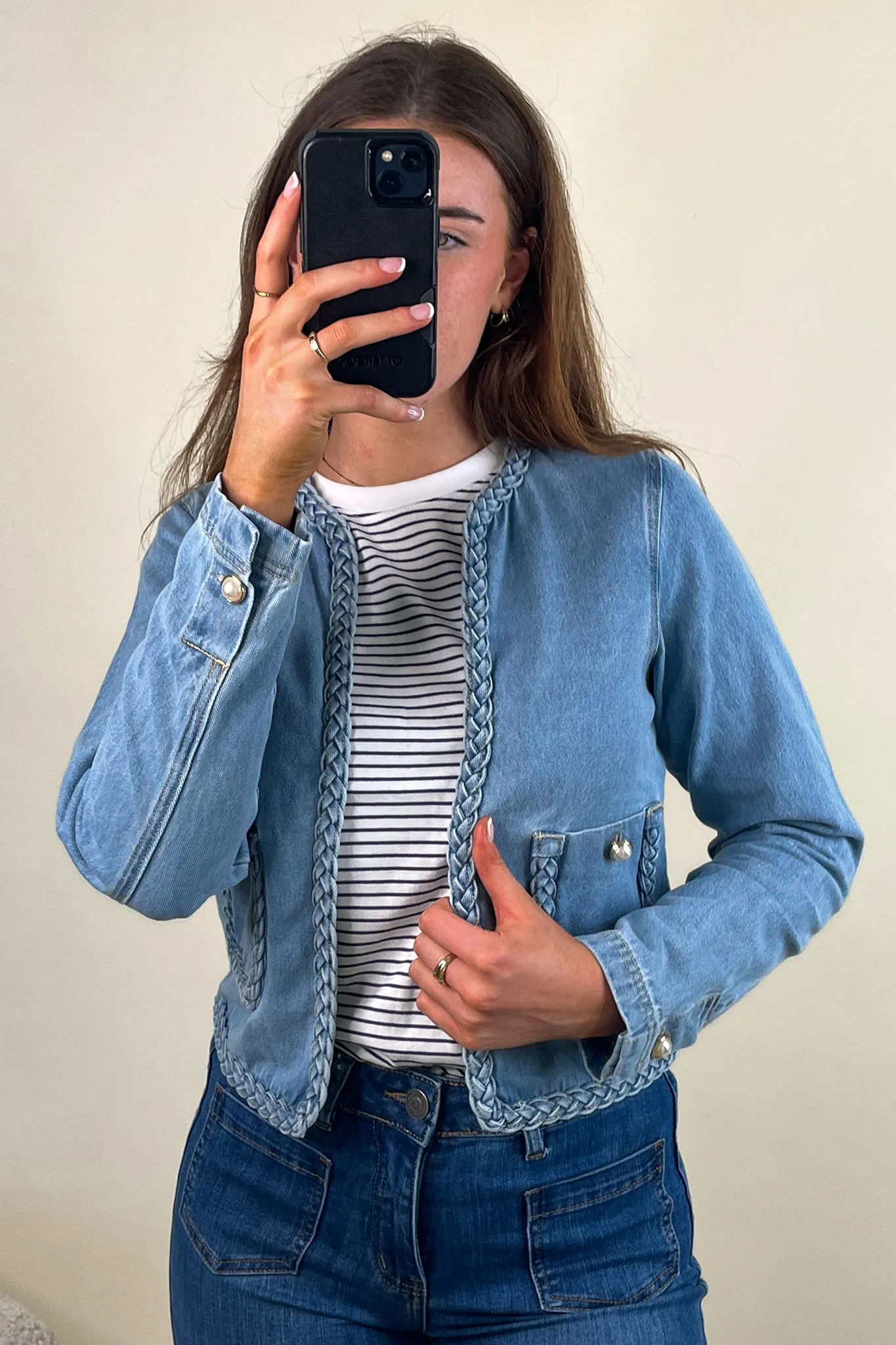 Casual Style Henriette Light Blue Denim Braided Jacket